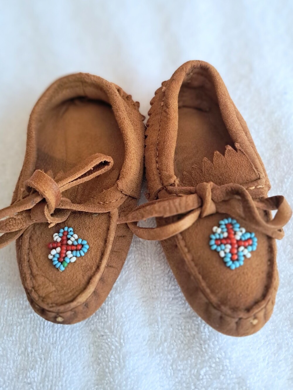 Infant Baby Brown Soft Leather Beaded Moccasins Shoes - 2